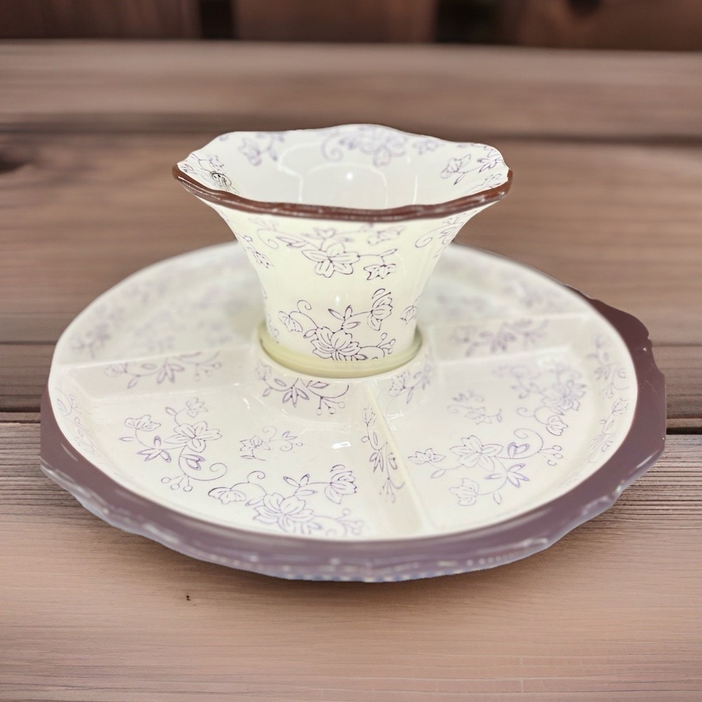 NEW Temptations Purple FLORAL LACE 2 In 1 Cake Stand Chip & Dip Crudite Set MINT - Picture 3 of 12